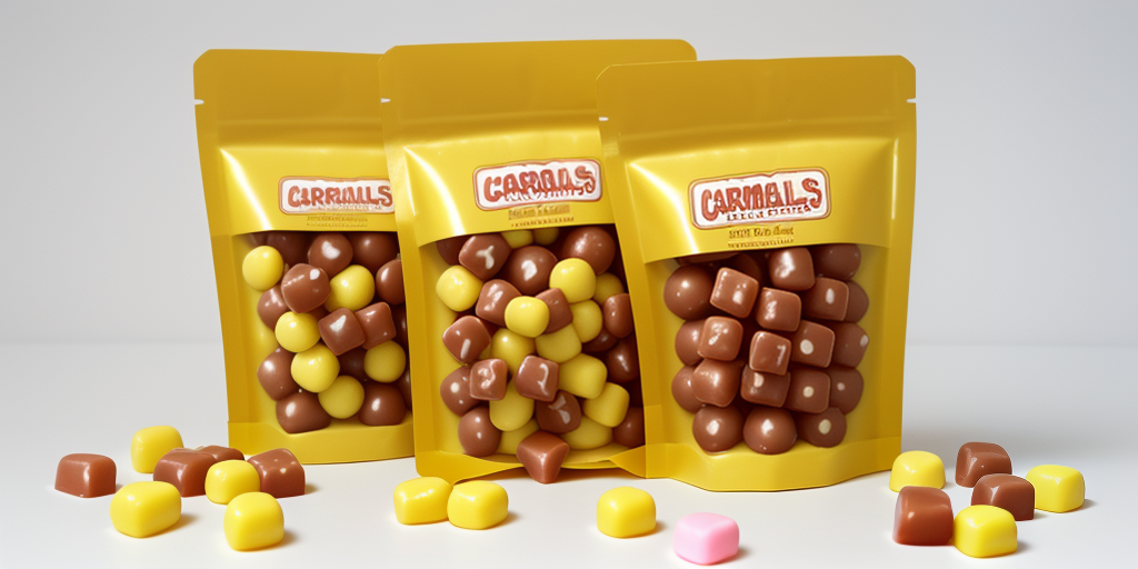 candy coated caramels in a yellow package