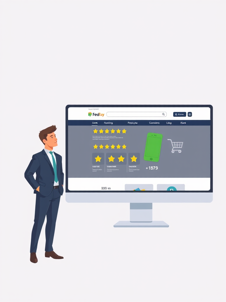 Create a high-resolution vector illustration of a businessperson in a suit standing next to a large computer screen displaying an e-commerce website with a green mobile phone, five-star ratings, and various icons, using a DSLR camera with a 50mm lens, f/1.8 aperture, and soft focus background for enhanced clarity.