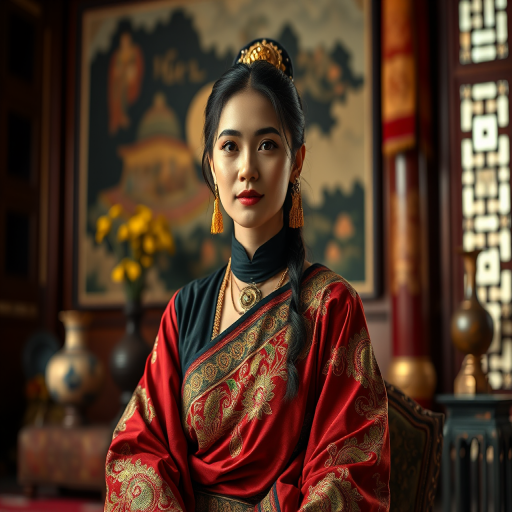 A beautiful Nepali woman in traditional East Asian attire, intricately detailed with embroidered patterns, sitting gracefully in a richly decorated room, soft ambient lighting, serene and elegant, ultra-realistic, 8K resolution