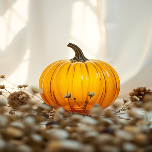 Capture an artistic still life of a glass pumpkin against a soft, natural light backdrop with a blurred field of dried flowers and decorative items in the foreground, using a Canon EOS R5, 50mm f/1.2 lens, aperture f/2.0, ISO 100, and 1/160s shutter speed.