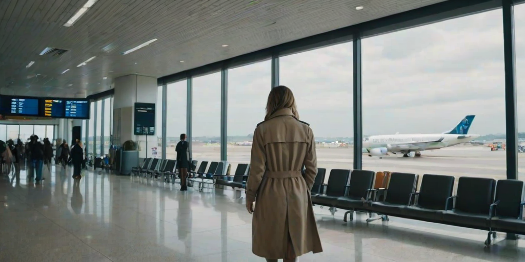 Bustling airport terminal, with people hurrying to their gates, a woman in a stylish trench coat stands by a large window, watching planes take off as she waits for her boarding call.