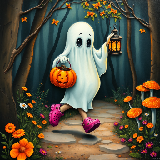 whimsical acrylic and oil painting, 3D, of a ghost, walking and carrying an orange pumpkin bucket and a lantern in the other hand, with bright pink croc shoes, background path in the enchanted forest, wildflowers, colorful mushrooms misty hues of black and orange with bright gold glitter, ultra detailed..Inspired by a prompt from another group