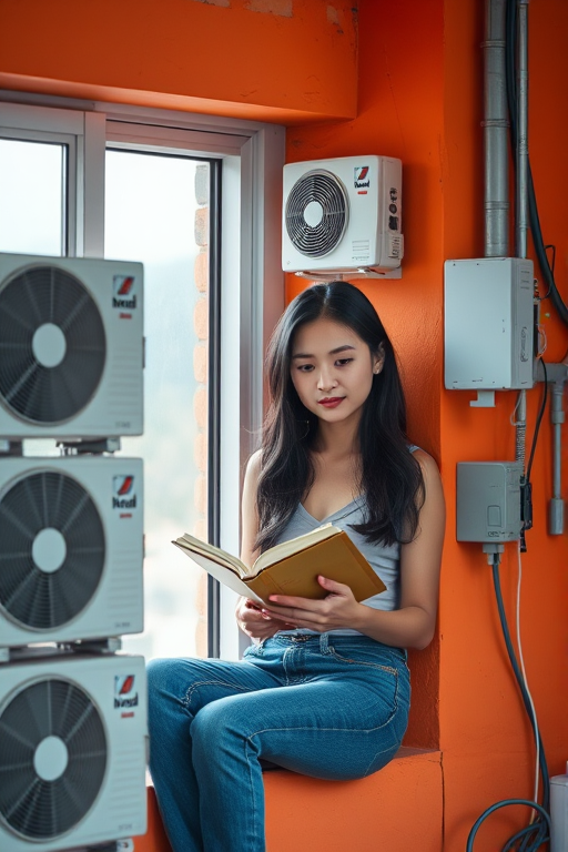 Create an image of a young woman sitting in a window reading a book, surrounded by air conditioning units and wires on an orange wall, soft natural lighting, Canon EOS 5D Mark IV, f/2.8, 50mm lens, portrait view, vibrant color grading, high resolution.