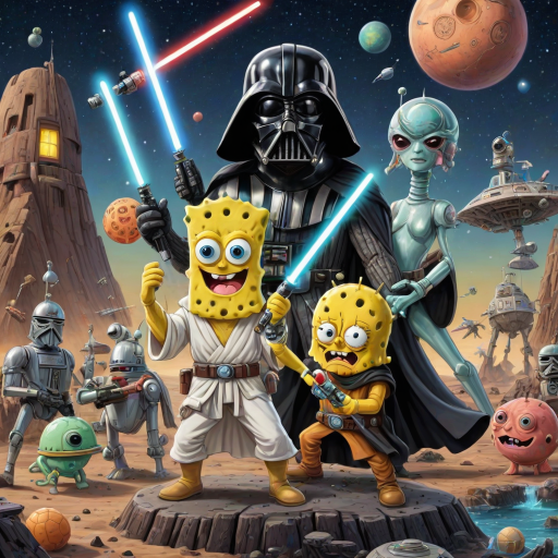 Create a parody of the Star Wars poster with SpongeBob as Luke Skywalker, holding a glowing spatula like a lightsaber. Patrick Star takes the role of Han Solo, holding a blaster, while Squidward is Obi-Wan Kenobi, draped in robes. In the background, Plankton appears as Darth Vader, with Bikini Bottom’s landmarks reimagined as spaceships and planets. The iconic Star Wars logo is swapped for "Sponge Wars," creating a playful, sci-fi adventure scene.