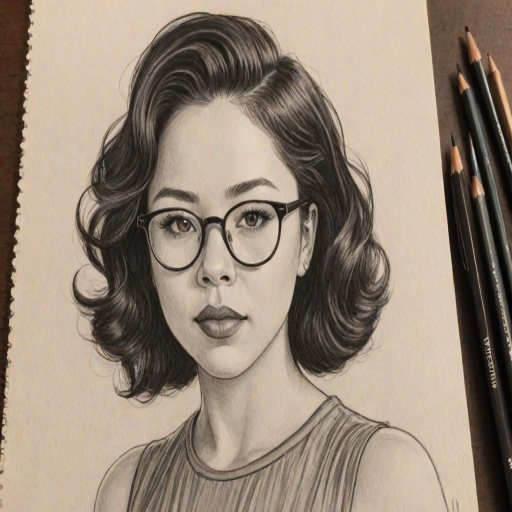 Bewitching Cierra Ramirez, pencil sketch, portrait of Exquisite woman 1932s in glasses, hair style beatnik, outline, clear lines, fine lines, 8k