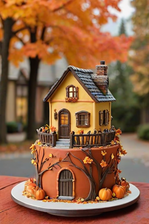 Create an image of a beautifully designed cake that resembles a charming street scene in autumn. The cake should feature detailed architectural elements of houses, adorned with vibrant autumn leaves in shades of orange, red, and yellow. Include small decorative items like pinecones and a figure walking with an umbrella to enhance the cozy fall atmosphere. The setting should evoke a warm, inviting feeling typical of a picturesque neighborhood during the autumn season.