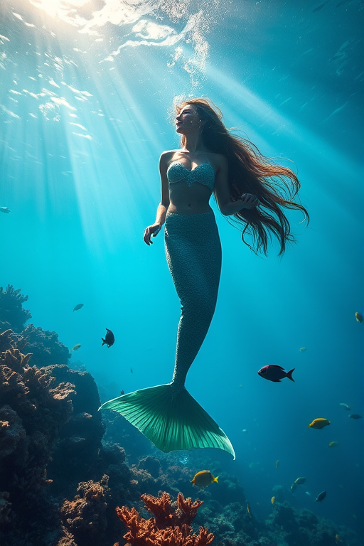 Underwater scene of a mermaid with long flowing hair swimming upwards, surrounded by coral reefs and colorful fish, soft rays of sunlight filtering through the water, captured with a Canon EOS R5, 35mm lens, f/2.8 aperture, ISO 200, in a soft focus style to enhance ethereal beauty.