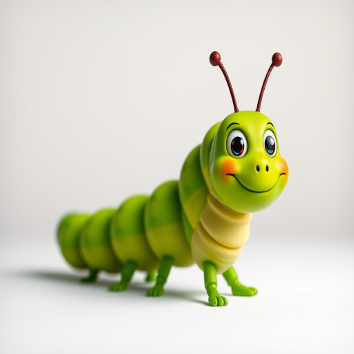 Create a vibrant cartoonish green caterpillar with a smiling face, set against a contrasting simple background, shot with a DSLR camera at f/2.8 aperture, 50mm lens, ISO 100, in soft natural light to enhance colors and details.