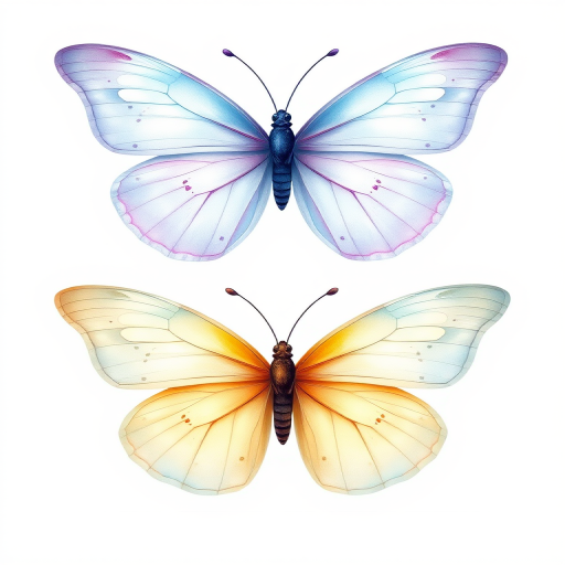 Create a detailed illustration of two butterflies. The top butterfly should have translucent wings with a light blue hue and soft purple accents, featuring delicate spots. The bottom butterfly should have a gradient of yellow to light blue wings, with a smooth and elegant shape. Both butterflies should be depicted from a frontal view against a plain white background.