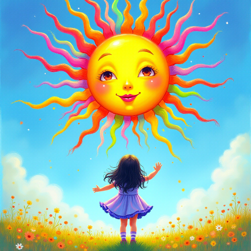 A depiction, in colorful paints, of a little girl, back to the viewer, short stripy socks, lilac and blue dress, arms outstretched, long black wavy hair being blown by the breeze, bight summer's day, up in the blue sky a giant colorful sun face, with pretty eyes, pink lips, colorful swirls, and rainbow colored flames shooting off in all directions