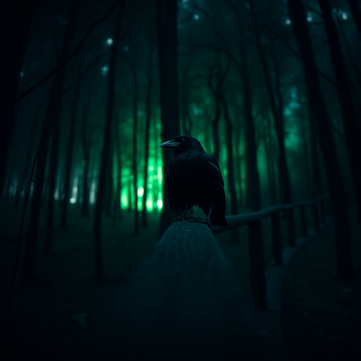two ravens perched on a wooden railing in a dark, mystical forest, soft green light illuminating the background, shallow depth of field, f/1.8 aperture, 85mm lens, ISO 200, low angle view, DSLR camera, focus on the ravens with a blurred background