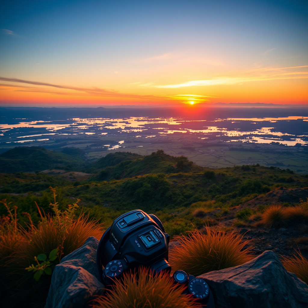 Create a high-resolution image of a scenic landscape with a vibrant sunset, using a Canon EOS R5 camera, 24mm lens, f/11 aperture, ISO 100, shutter speed 1/250s, and an HDR view to capture enhanced details and colors.