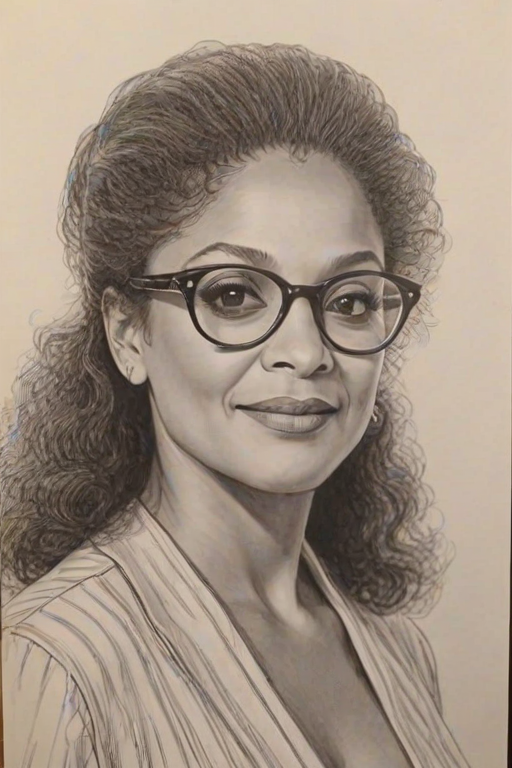 Wonderful Debbie Allen, pencil sketch, portrait of Gorgeous woman 1976s in glasses, hair style beatnik, outline, clear lines, fine lines, 8k