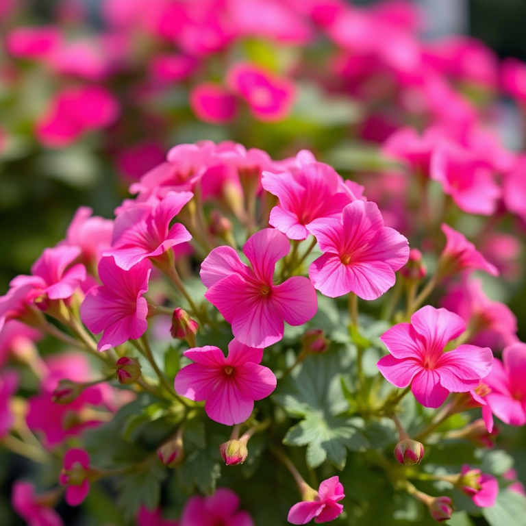 Vibrant flower arrangement of pink geraniums in full bloom, soft focus background, captured with a DSLR camera at f/2.8 aperture, ISO 100, 50mm lens, natural lighting, vibrant color saturation with a shallow depth of field.