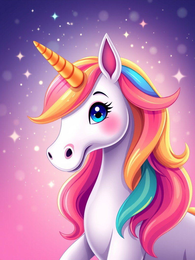 Create a vibrant, cartoon-style illustration of a unicorn with a flowing rainbow mane and a sparkly background, using a Canon EOS R5 with an 85mm lens at f/1.8, ISO 100, and a soft focus to enhance color quality.
