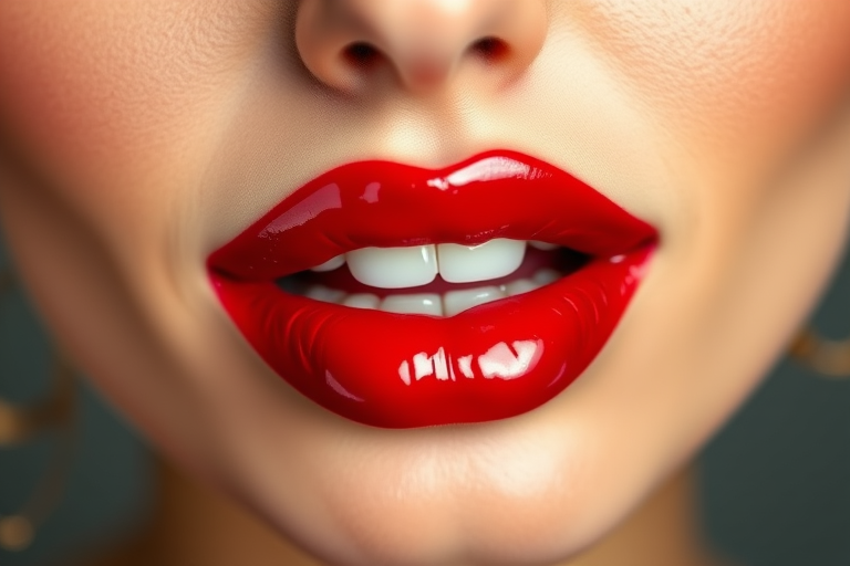 Glossy cherry red lips pop with classic allure in the "Pinup Perfection" style, boasting a vibrant, true red hue with a high-shine finish that creates the illusion of plump, juicy lips, embodying timeless glamour and confidence that never goes out of style