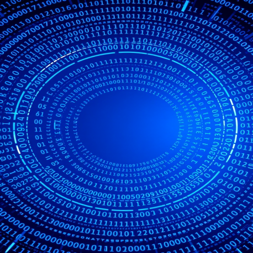 Create a digital abstract background featuring a circular maze of binary code with a futuristic blue gradient, using a wide-angle lens, f/8 aperture, 1/60 shutter speed, ISO 200, and shot from a low angle with a DSLR camera for enhanced clarity and depth.