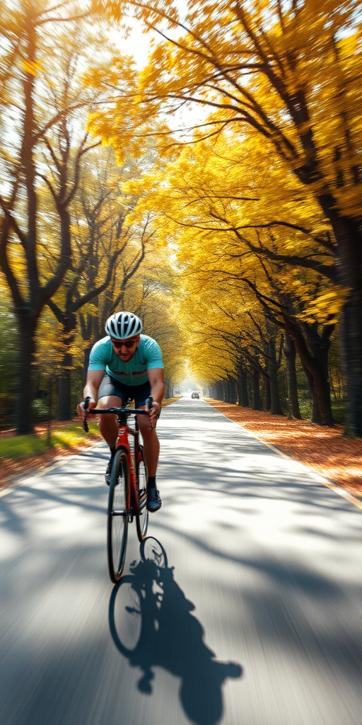 Blurry, fast-paced image of a cyclist racing down a tree-lined road, autumn leaves swirling in the air, soft sunlight filtering through the trees, shadows stretching across the pavement, focus on the determination in the cyclist's face as they speed by.