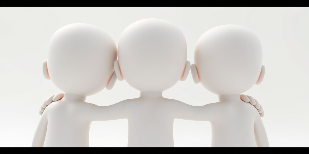 Create a 3D rendering of three cartoonish humanoid figures with smooth surfaces and a minimalist design, positioned close together with their arms around each other's shoulders, shot with a Canon EOS 5D Mark IV at f/4.0, ISO 100, 50mm lens, in soft natural lighting, with a slight depth of field to emphasize the figures against a plain white background.