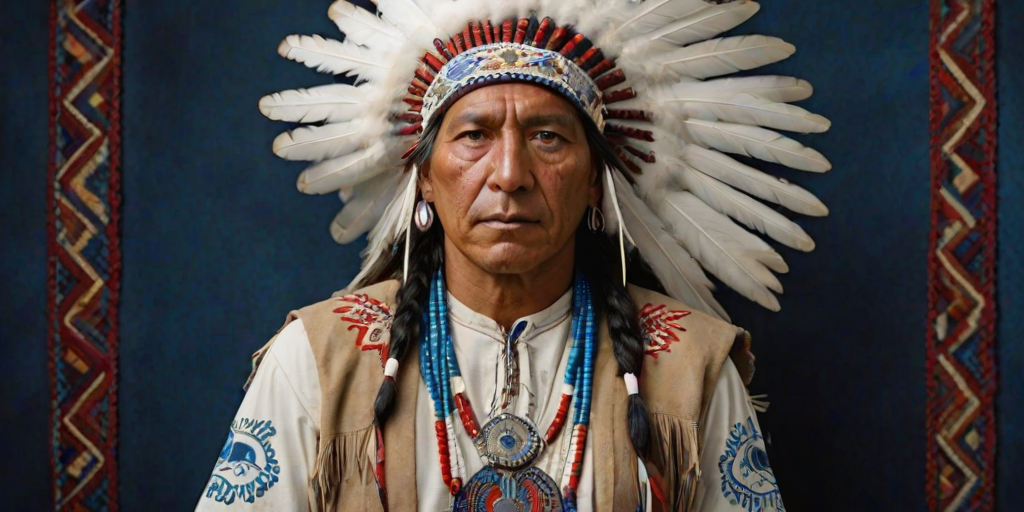 Create a dignified portrait of a Native American man dressed in traditional attire. He wears a beautifully crafted headdress adorned with white feathers and red beads, along with a beaded headband featuring intricate patterns. His clothing includes a deep blue, patterned shirt and a traditional chest piece with detailed beadwork. His arms are crossed, displaying leather armbands decorated with feathers. The background is simple and neutral, emphasizing his proud and stoic expression. The overall image captures the rich cultural heritage and strength of his persona.
