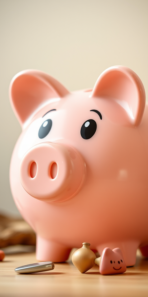 Create a high-resolution image of a cartoon piggy bank, with soft lighting, a shallow depth of field, close-up view, using a DSLR camera with an aperture of f/2.8, ISO 100, and a 50mm lens.