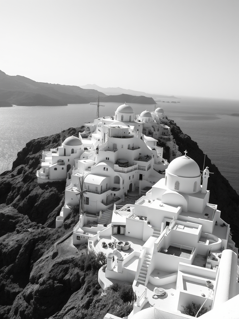 capture a stunning black and white landscape of Santorini with its iconic white buildings cascading down a cliff, including a view of the ocean and mountains in the background, using a Canon EOS R5, 24mm lens, f/8 aperture, ISO 100, and a wide-angle view to enhance depth and detail