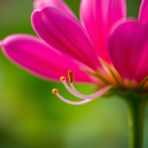 A close-up shot of a vibrant pink flower with a soft green background, shot with a Canon EOS R5, at f/2.8, ISO 100, 1/200 sec, using a macro lens for enhanced detail and depth of field.