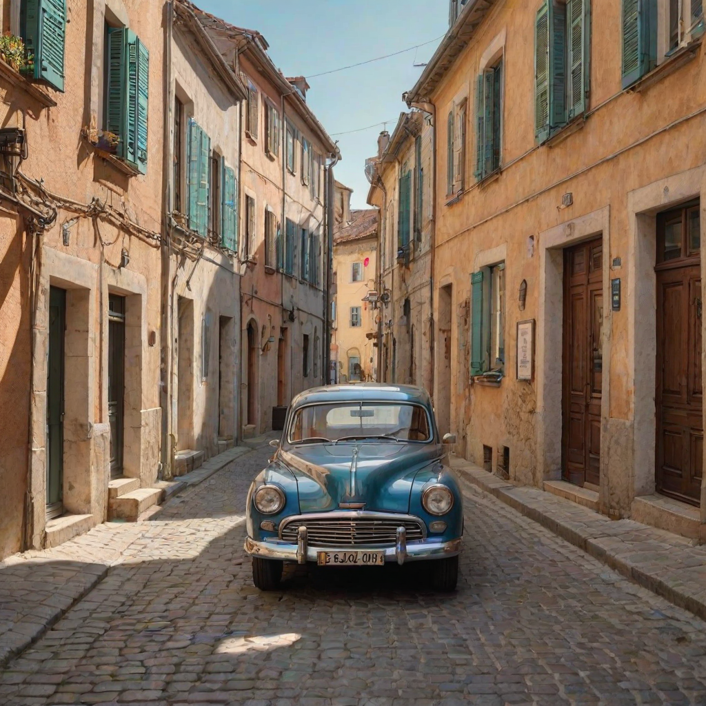 Sharp, detailed photo of a vintage car parked on a cobblestone street in a European village, soft sunlight reflecting off the chrome details, distant buildings with colorful shutters lining the street, the smell of fresh bread from a nearby bakery lingering in the air.