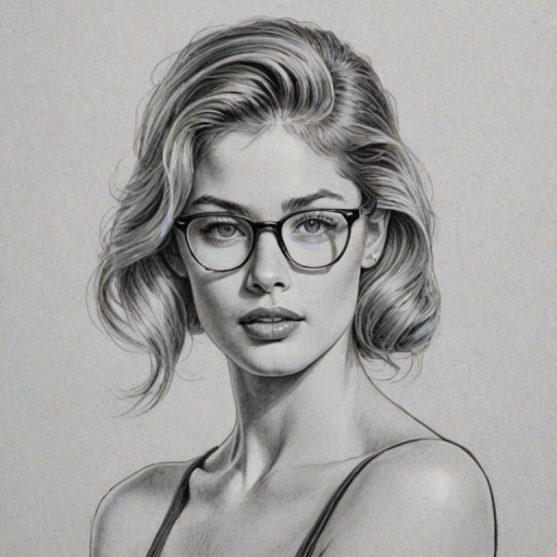Graceful Doutzen Kroes, pencil sketch, portrait of Superb woman 1946s in glasses, hair style beatnik, outline, clear lines, fine lines, 8k
