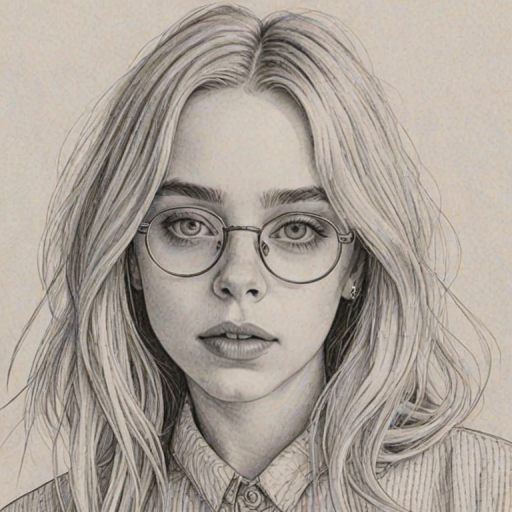 Captivating Billie Eilish, pencil sketch, portrait of Enchanting woman 1947s in glasses, hair style beatnik, outline, clear lines, fine lines, 8k