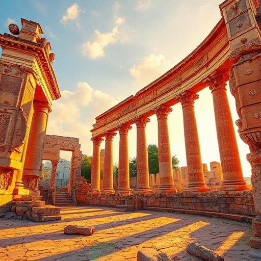 Ancient ruins with vibrant watercolor effects, captured in golden hour light, 50mm lens, f/8 aperture, ISO 100, 1/125s shutter speed, wide shot from a low angle, digital painting style, high dynamic range.