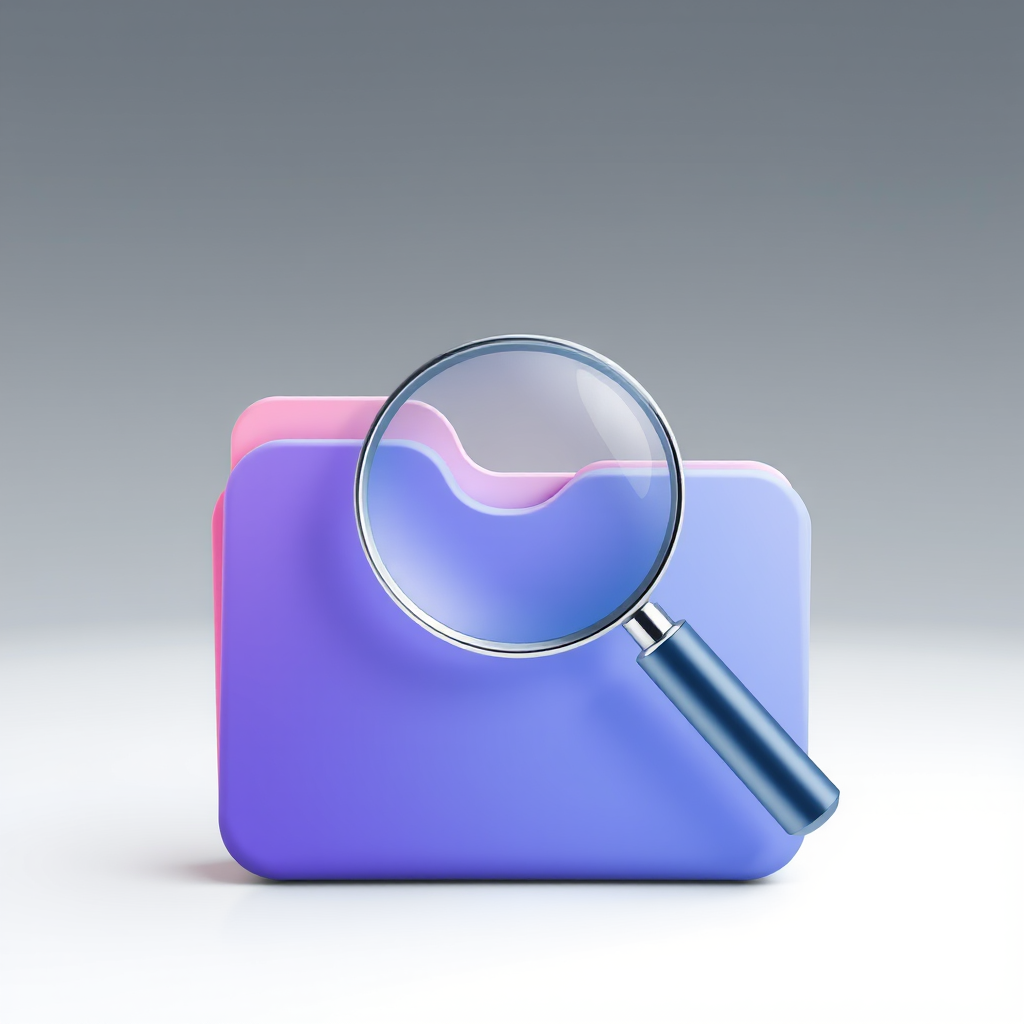 Create a clean and modern icon of a folder with a magnifying glass overlay, using soft gradients and a minimalistic design, shot in high resolution with a 50mm lens at f/2.8, ISO 100, natural lighting, in a studio setting.