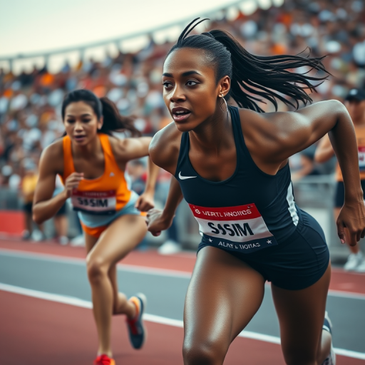 Capture a high-resolution image of two female sprinters competing in a track event, shot from a low angle with a 50mm lens at f/2.8, ISO 200, capturing dynamic movement and facial expressions against a blurred crowd background, using a Canon EOS R5 camera.