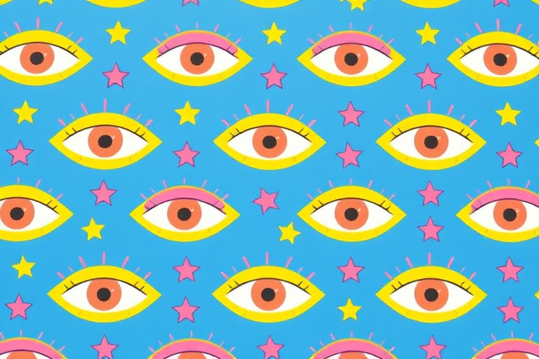 Create a vibrant repeating pattern featuring eyes with eyelashes and star shapes in yellow and pink on a solid blue background, using a Canon EOS R5 camera with a 50mm f/1.2 lens at ISO 100, aperture f/2.8, and a shallow depth of field for enhanced color and detail.
