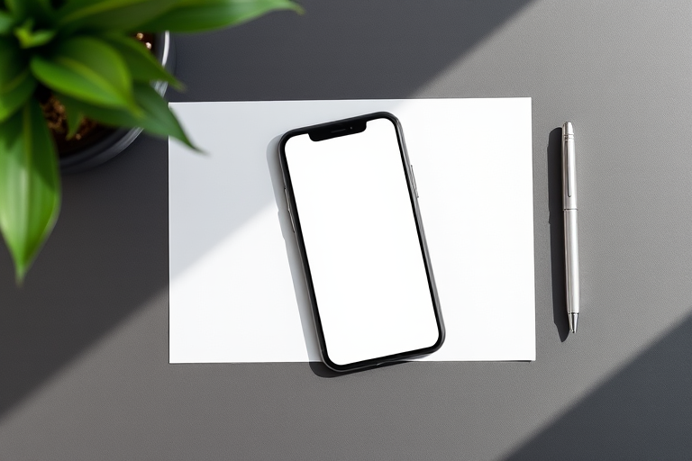 Create a clean, minimalistic desktop scene featuring a blank sheet of paper, a smartphone with a blank screen, and a silver pen arranged neatly, shot with a DSLR camera at f/2.8 aperture, 50mm lens, top-down view, natural lighting for soft shadows.