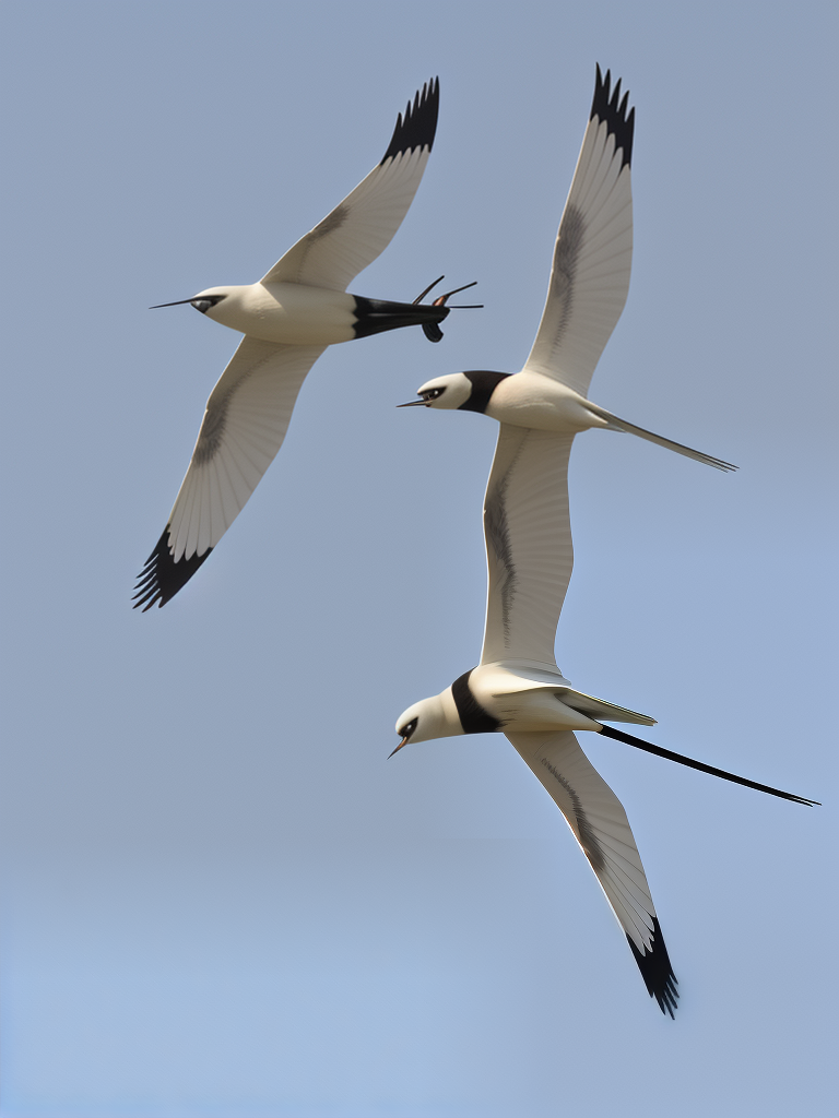 Three Elegant Birds in Flight Against a Clear Blue Sky Background