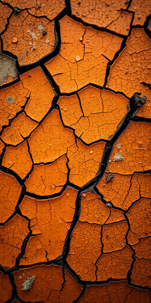 Generate a high-resolution abstract image of cracked orange and brown textured surface, captured with a DSLR camera at f/8 aperture, 50mm lens, ISO 100, using a macro view to enhance details and textures.