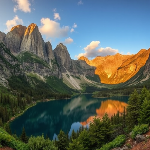 Regenerate a high-resolution fantasy landscape with towering rugged mountains and a serene lake surrounded by lush greenery during golden hour, captured with a Canon EOS R5, 24mm lens, f/8 aperture, ISO 100, and a panoramic wide-angle view to enhance depth and detail.
