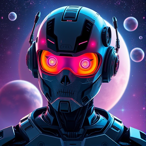Create a vibrant digital illustration of a futuristic cyborg with bright eye-catching features, set against a starry background with planets, use a Canon EOS R5 camera, 50mm lens, f/1.8 aperture, ISO 100, and a high dynamic range processing style for enhanced colors and details.