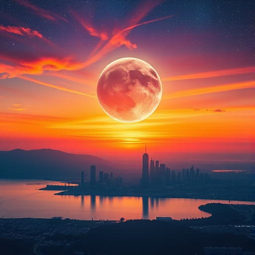 Create a stunning digital painting of a cosmic landscape with a large celestial body eclipsing the horizon, featuring vibrant orange, purple, and blue hues reflecting over a calm city skyline at sunset, using a 50mm lens, f/1.8 aperture, ISO 100, in a landscape orientation to capture intricate details and depth in the scene.