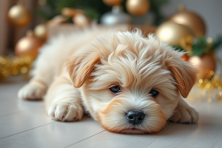 Capture a close-up of a fluffy puppy lying on a smooth floor with golden ornaments and tinsel around it, using a DSLR camera with a 50mm lens, aperture set to f/1.8, ISO 200, and a soft natural light setting to enhance the image quality.