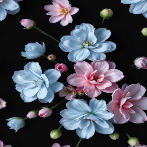 Generate a high-resolution floral pattern featuring light blue and pastel pink flowers on a dark background, shot with a DSLR camera at f/8 aperture, 50mm lens, and soft natural lighting for enhanced detail and texture.