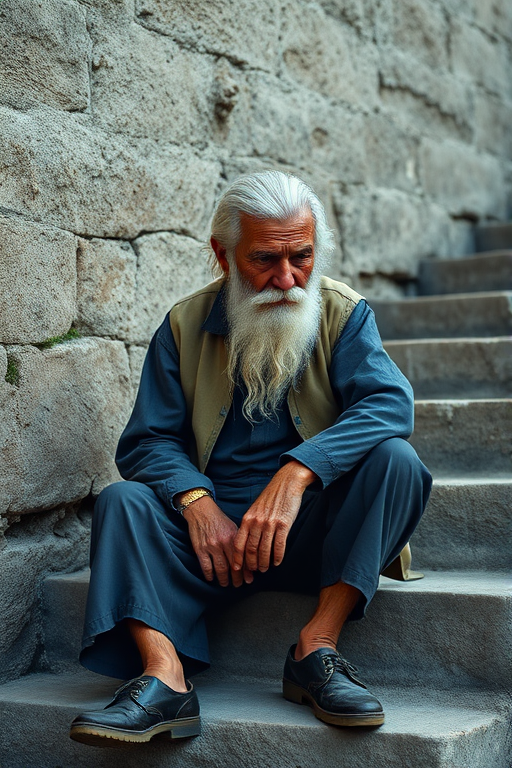 A weathered old man with a long white beard sitting on stone steps, looking down pensively, surrounded by a textured, weathered wall, captured in natural light, using a Canon EOS R5 with a 50mm f/1.2 lens, aperture f/2.8, shutter speed 1/125 sec, ISO 100, in portrait orientation for a soft background blur.