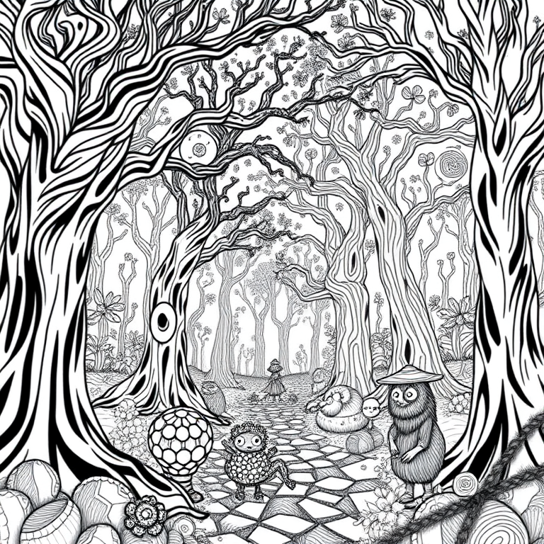 Create a detailed line art image of a mystical forest with intricate trees and whimsical creatures, captured with a DSLR camera at ISO 100, f/8 aperture, 1/200 sec shutter speed, taken from a low angle perspective, using a macro lens for enhanced detail.