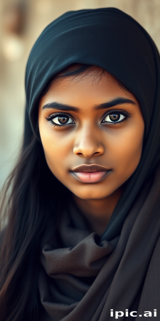 Create a portrait of a young Sri Lankan woman with long, dark hair and captivating hazel eyes. She is wearing a dark headscarf and a matching scarf draped gracefully around her neck. The background is softly blurred, focusing attention on her serene and natural expression. The overall color palette is muted and warm, enhancing the intimate and authentic feel of the portrait.