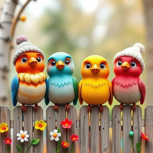 create a scene of 4 quirky  whimsical colourful comical birds each with a funny expression. they are sat on a wooden fence with colourful flowers. they are all different sizes. each one is a different colour  one is wearing a woolly hat. Each one has a different quirky google expression and there is a muted background of trees watercolour paintierly style high definition 8k resolution 3D paper mache
