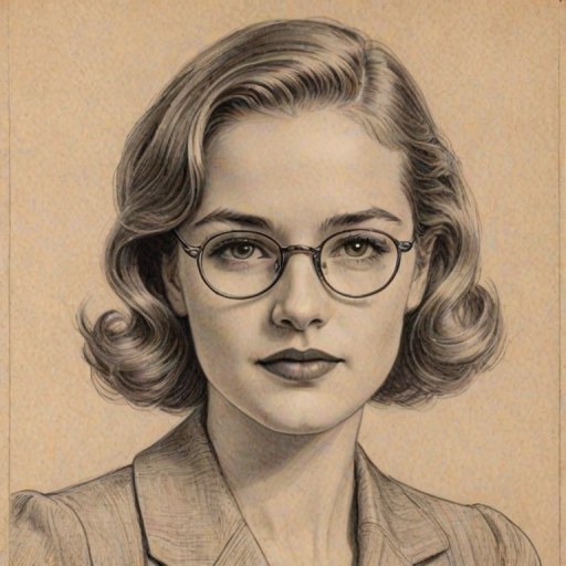 Pleasing Willa Fitzgerald, pencil sketch, portrait of Captivating woman 1930s in glasses, hair style beatnik, outline, clear lines, fine lines, 8k