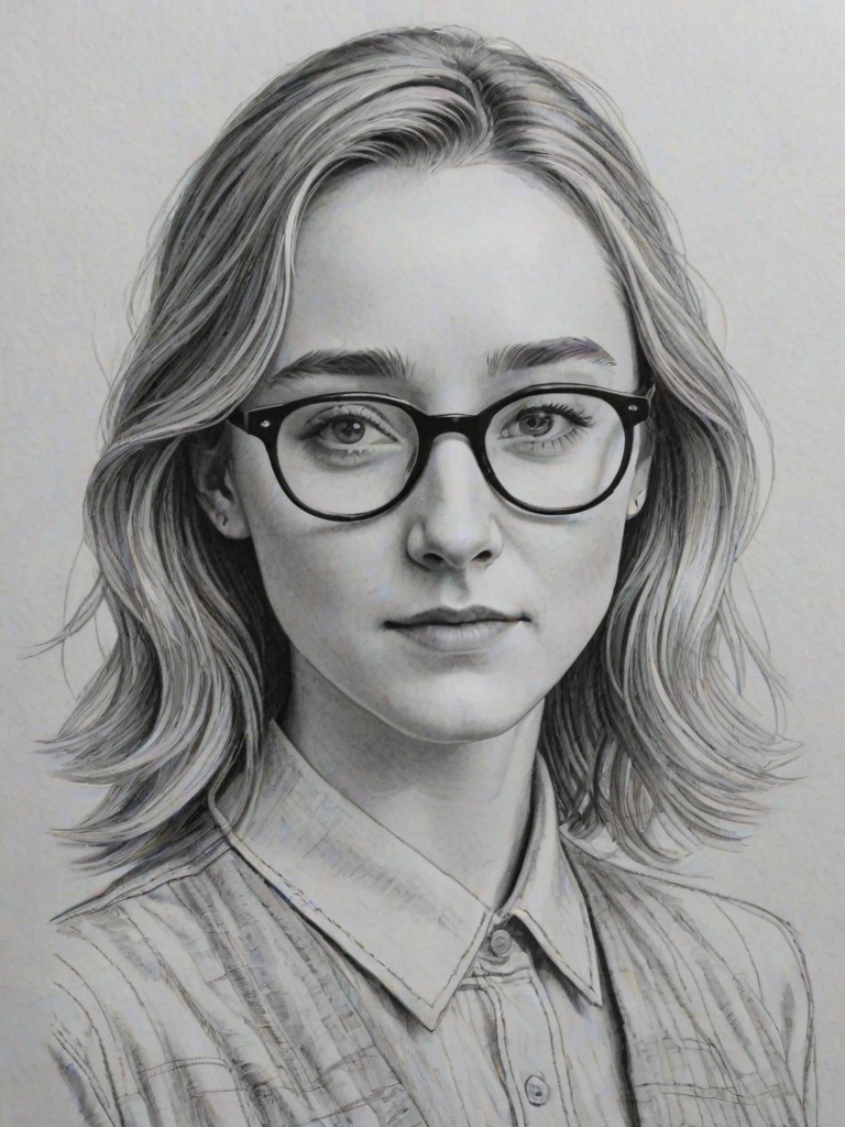 Charming Saoirse Ronan, pencil sketch, portrait of Superb woman 1955s in glasses, hair style beatnik, outline, clear lines, fine lines, 8k