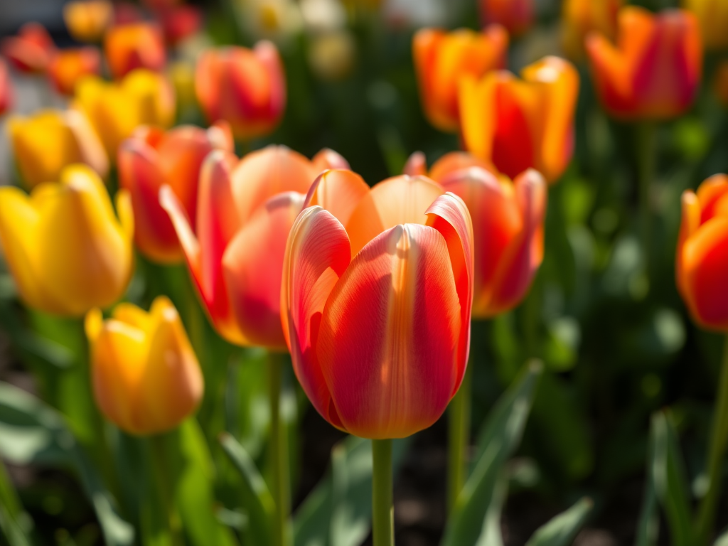 close-up of colorful tulips in a garden, f/2.8, 1/200s, ISO 100, shallow depth of field, macro lens, natural lighting, DSLR camera