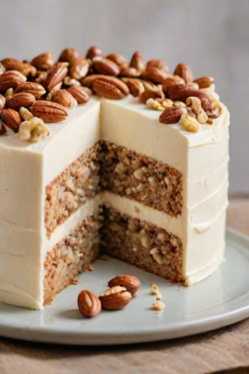 Generate an image of a slice of cake with layers of cream cheese frosting and a mix of nuts on top. The cake should have a moist texture and show visible layers of cake and frosting. The background should be softly blurred to emphasize the cake slice.